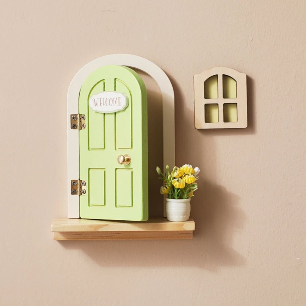 Wooden Elf Door Set Cartoon Room Decor Dollhouse Character Stickers Fairytale-Style Balcony Decor Hanging Ornaments Gift