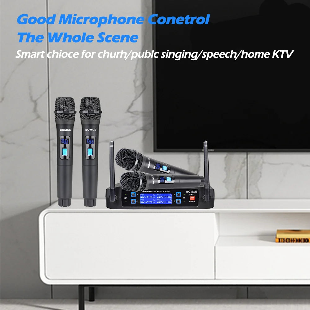 BOMGE 4 channel wireless microphone System Cordless Mic Set With Four Handheld Mics Fixed Frequency, Long Range 200ft