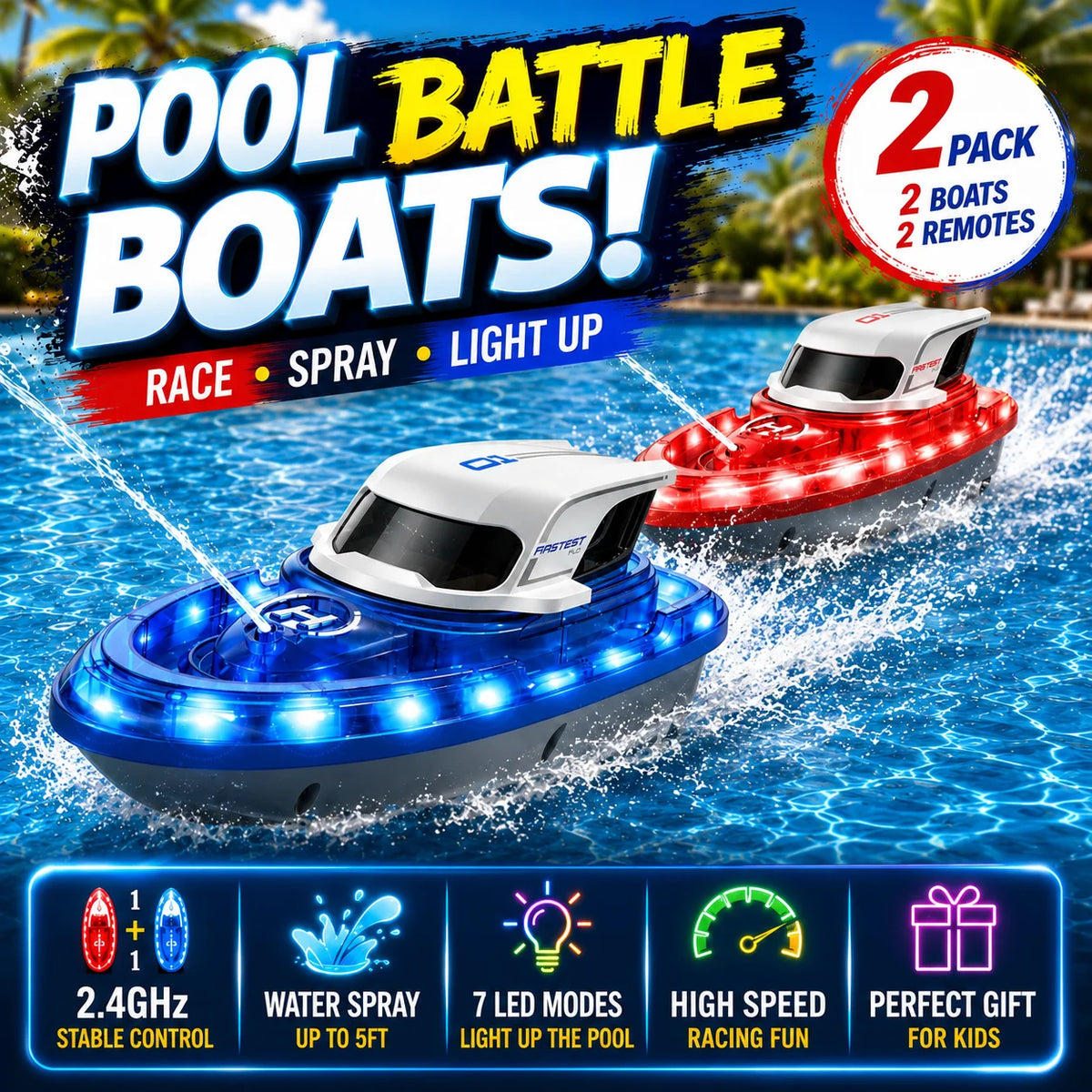SYMA Q30 2PCS RC Speed Boat 2.4G Remote Control Boat 7 Color LED Light One Key Water Spray Waterproof Pool Lake Toy Gifts for Ki