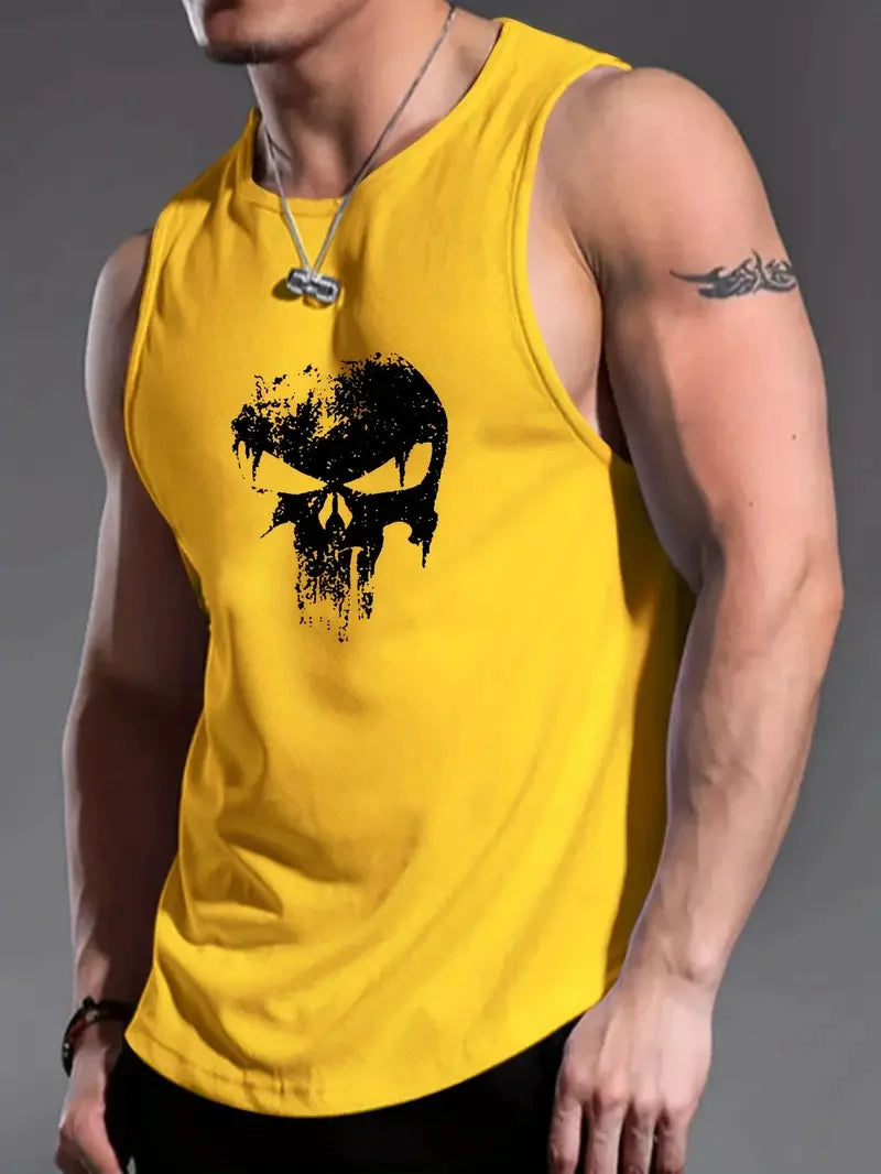 Men's Solid Color 3D Skull Print Sleeveless Round Neck Top For Daily Sports and Fitness Fashionable Round Neck Breathable Vest