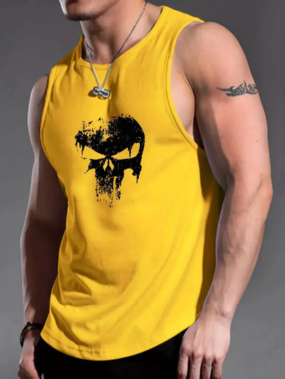 Men's Solid Color 3D Skull Print Sleeveless Round Neck Top For Daily Sports and Fitness Fashionable Round Neck Breathable Vest
