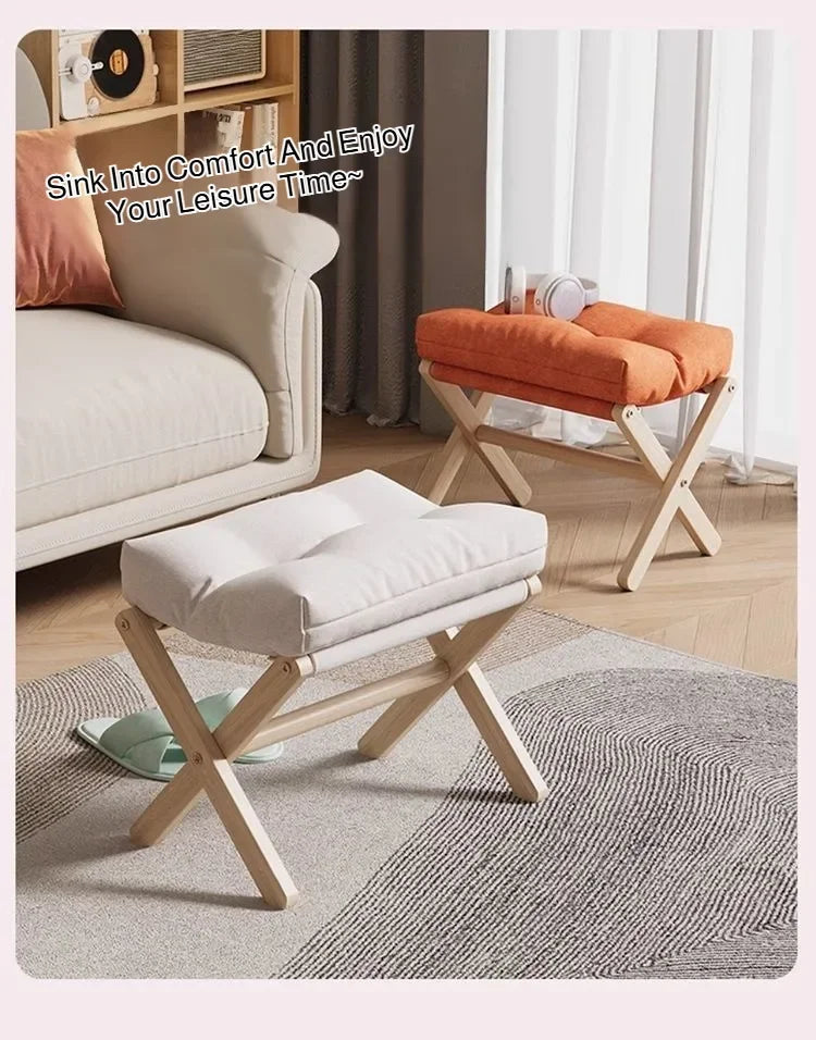 Solid Wood Folding Entryway Stool - Shoe Changing Footstool with Cotton-filled Cushion for Sofa Rest