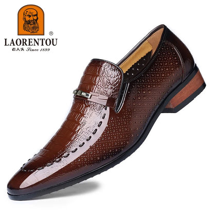 LAORENTOU true cowhide breathable perforated leather shoes with pointed tips, British business dress perforated leather sandals