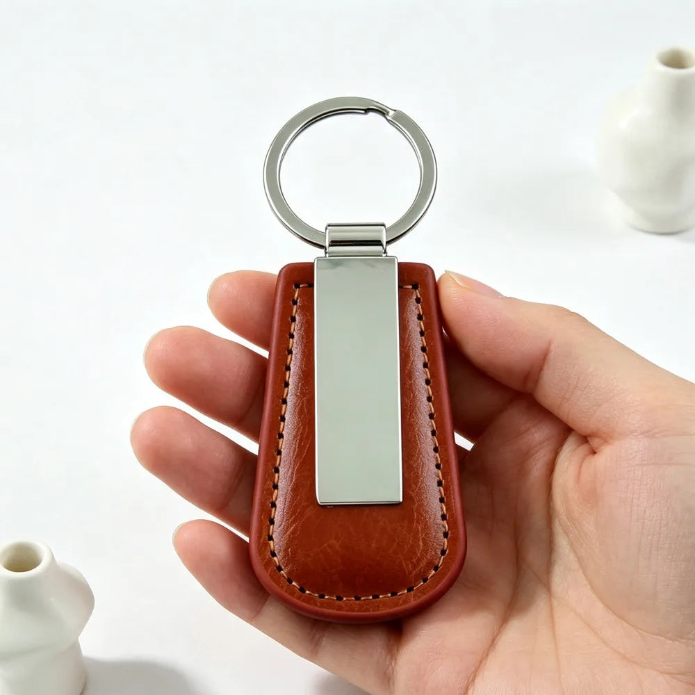 Wholesale Metal Stainless Steel Car Moto Keychain Fan Shaped Leather Keyring Custom Name Laser Engraving Logo High-end Gift