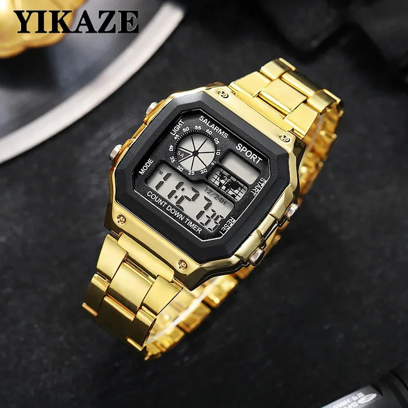 YIKAZE Luxury Men's Business Watch Stainless Steel Strap Men Digital Watch Luminous Multifunction Sports Electronic Wristwatch