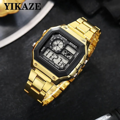 YIKAZE Luxury Men's Business Watch Stainless Steel Strap Men Digital Watch Luminous Multifunction Sports Electronic Wristwatch