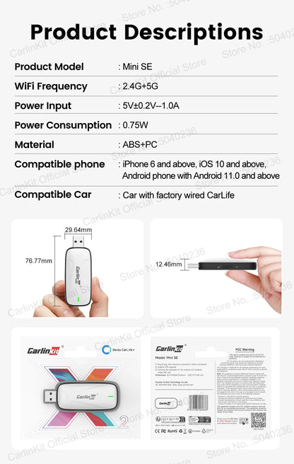 Baidu CarLife CarlinKit Wired To Wireless CarPlay Wireless Android Auto Adapter WiFi Bluetooth Auto Connection 2-In-1 Smart Box