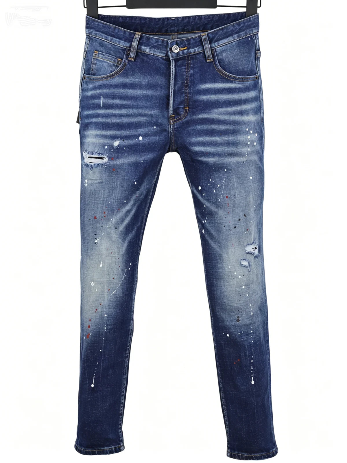 6057 Four Seasons New Men's Wear Washed Ripped Patch Paint Slim-fit Feet Blue Jeans for Men