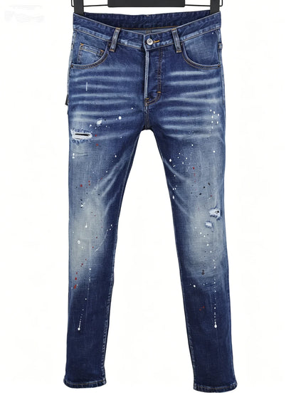 6057 Four Seasons New Men's Wear Washed Ripped Patch Paint Slim-fit Feet Blue Jeans for Men