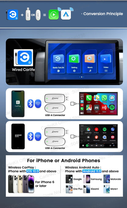 Baidu CarLife CarlinKit Wired To Wireless CarPlay Wireless Android Auto Adapter WiFi Bluetooth Auto Connection 2-In-1 Smart Box