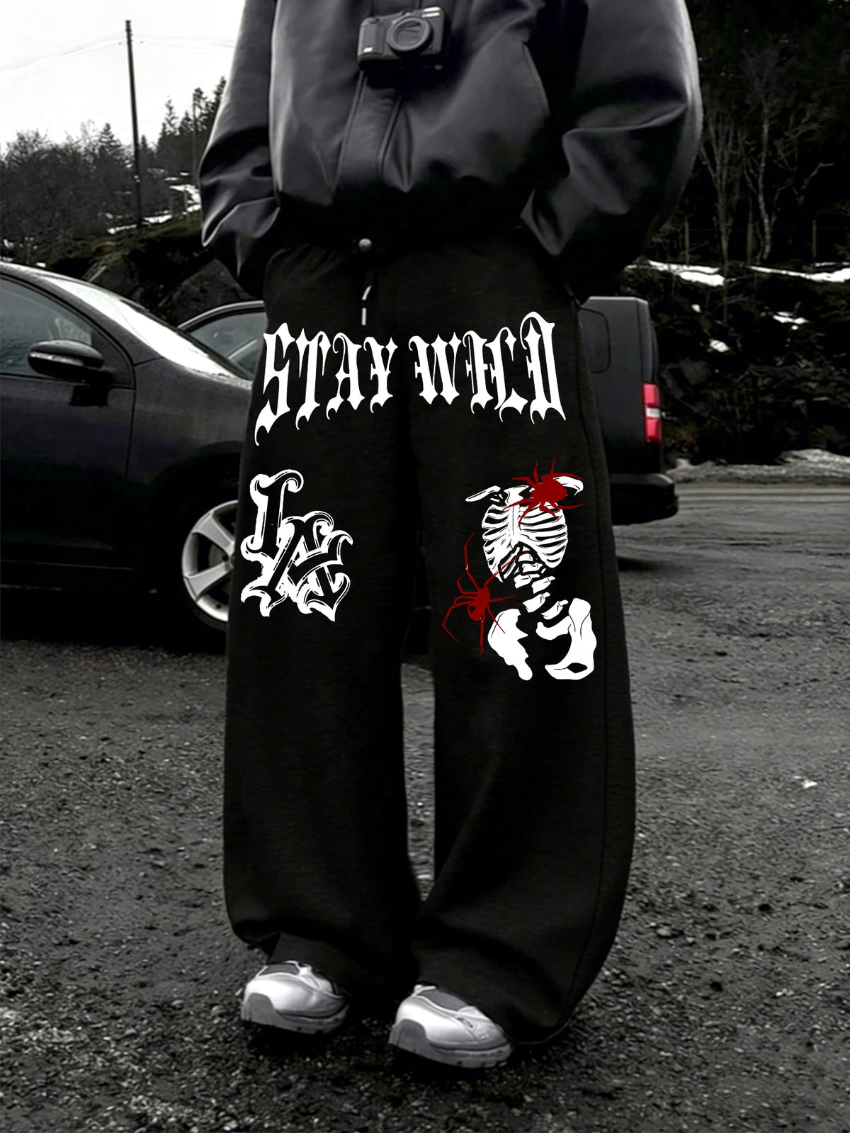 Men Wide Leg LA Skeleton Spider Sweatpants 100% Polyester Stay Wild Gothic Print Baggy Y2K Drawstring Casual Jogger Pants