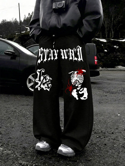 Men Wide Leg LA Skeleton Spider Sweatpants 100% Polyester Stay Wild Gothic Print Baggy Y2K Drawstring Casual Jogger Pants
