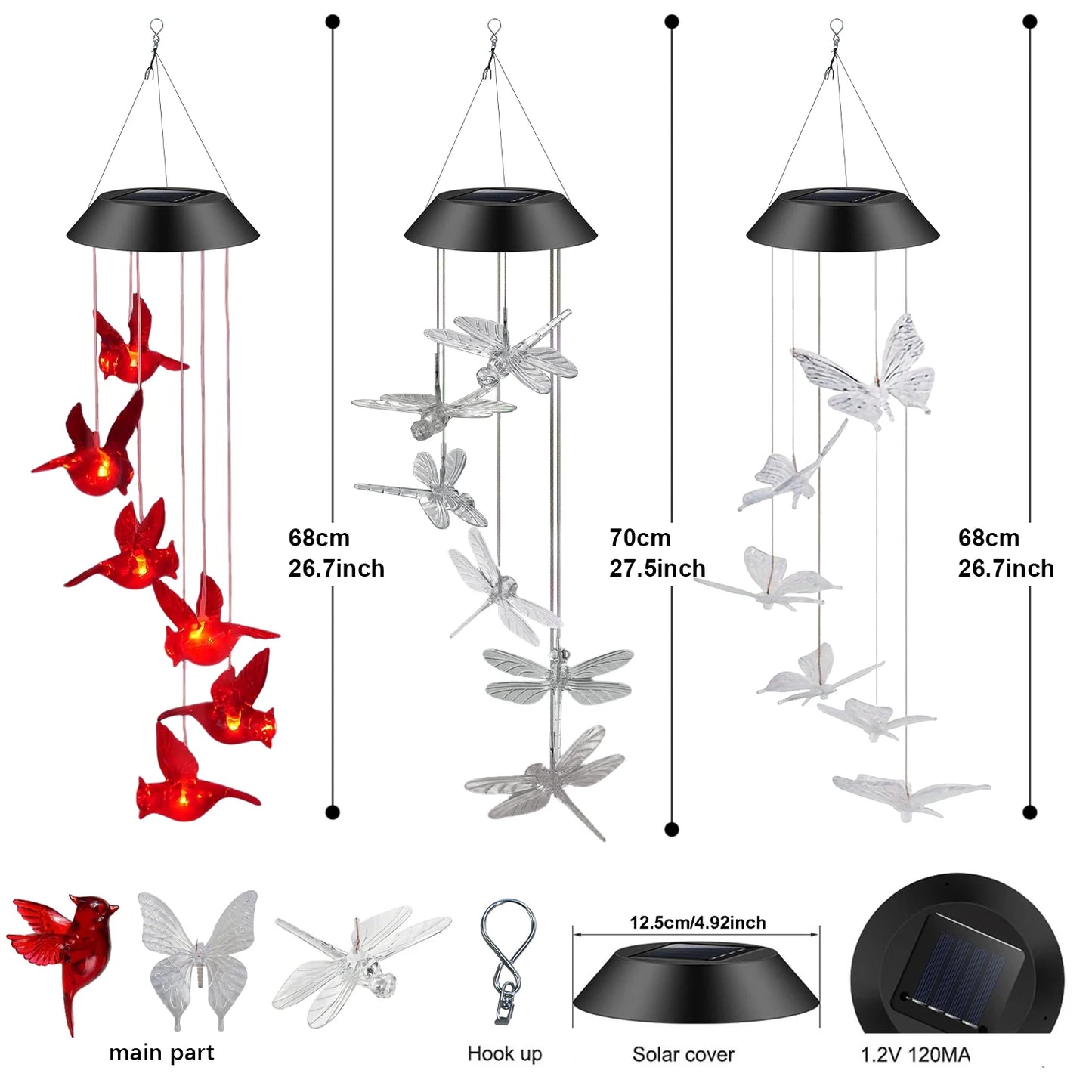 1Pc Outdoor Solar Garden Multi-color Wind Chime Lights North American Cardinals Butterfly Dragonfly Hummingbird and So On