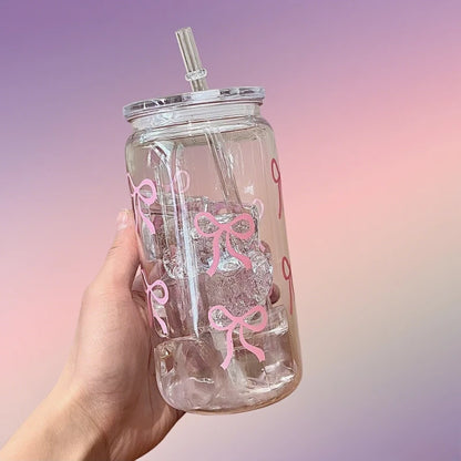 500Ml Pink Bow Print Water Bottle Drinking Can Iced Hot Coffee Juice Plastic Cup Pink Bowknot Tumbler Cup Straw Cup