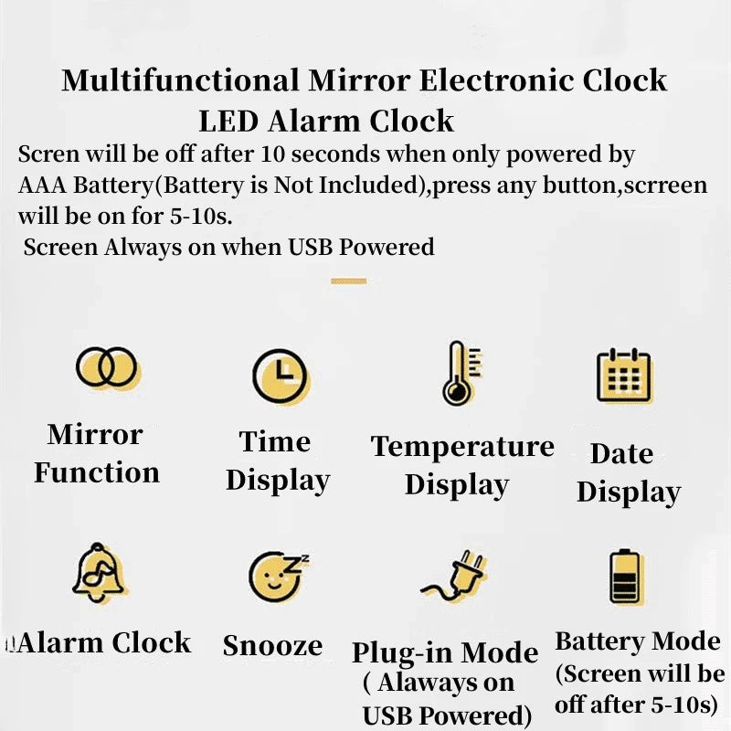 Mirror Digital Alarm Clock Temperature Date Night Mode Snooze USB Powered Always On Table Clock 12/24H Anti-disturb LED Clock