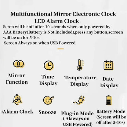 Mirror Digital Alarm Clock Temperature Date Night Mode Snooze USB Powered Always On Table Clock 12/24H Anti-disturb LED Clock