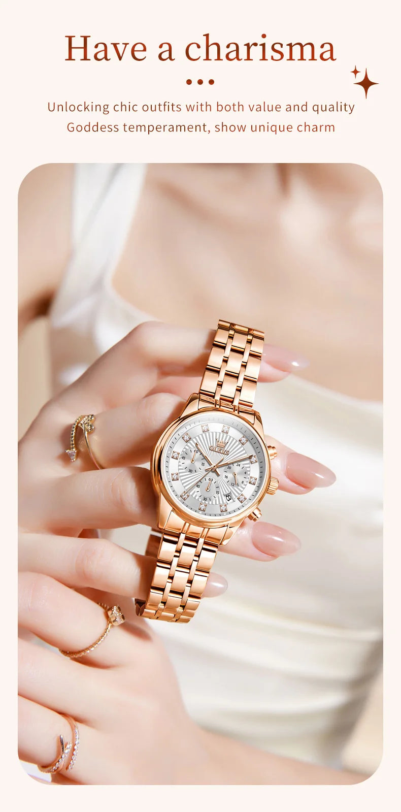 OLEVS 3669 Original Chronograph Quartz Wristwatch for Lady Calendar Waterproof Steel Strap Elegant Dress Women's Watches