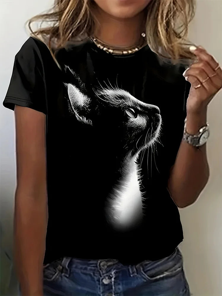 2025 New 3D Cat Print Ladies Urban Street Fashion T-shirt Animal Lover T-shirt Summer Everyday Casual Ladies Short Sleeve Top