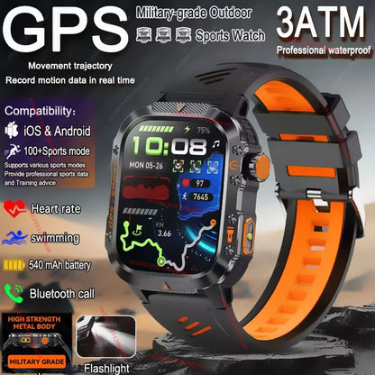 2026 Military Outdoor Smart Watch Men's GPS Flashlight Bluetooth Call 2.01" AMOLED Screen 3ATM Waterproof Sports Smartwatch Hw12