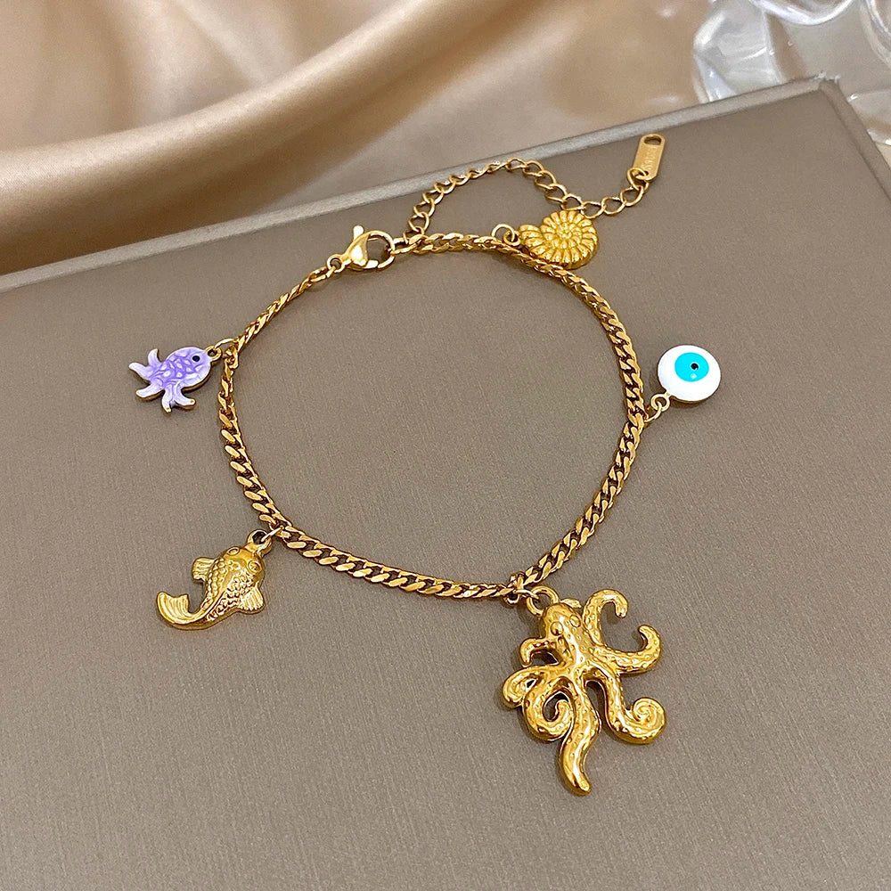 Fashion Gold Plated Stainless Steel Chain Bracelet for Women Cute Star Heart Cherry Tassel Charms Bracelets Waterproof Jewelry