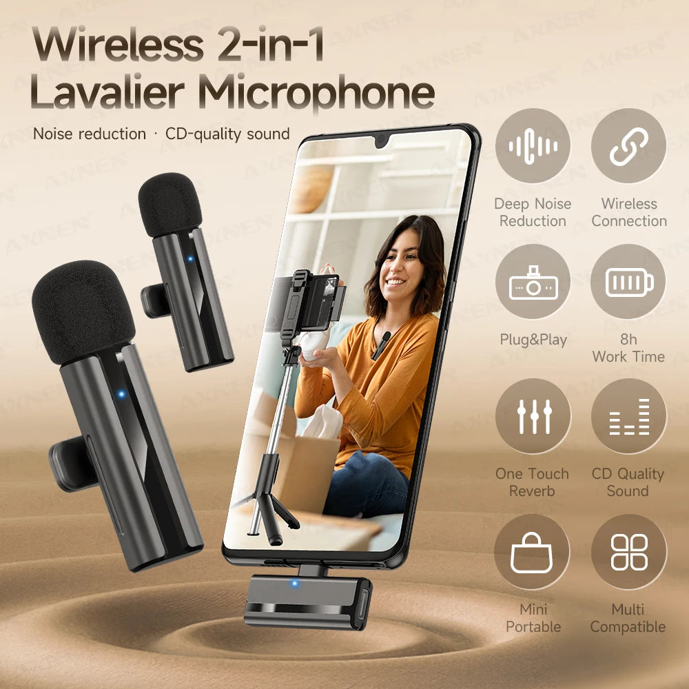 2-in-1 Wireless Lavalier Microphone for iPhone Android, Mini Pro Lapel Mic with Noise Reduction & Pickup for Vlog Live Recording