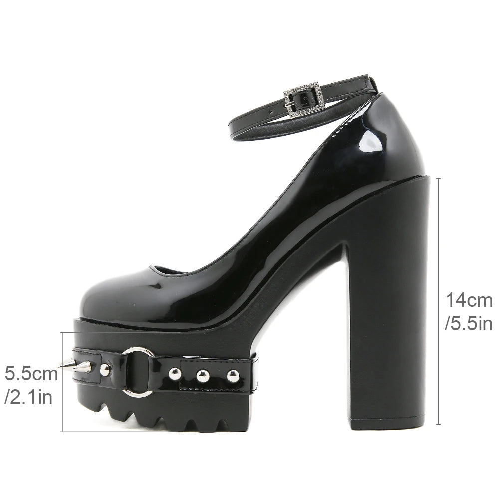 Gdgydh Spring Autumn High Heels Shoes for Women Fashion Rivets Punk Goth Shoes Block Heels Platform Shoes Ankle Buckle Strap