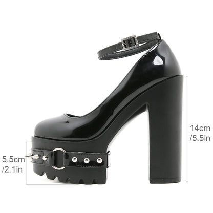 Gdgydh Spring Autumn High Heels Shoes for Women Fashion Rivets Punk Goth Shoes Block Heels Platform Shoes Ankle Buckle Strap