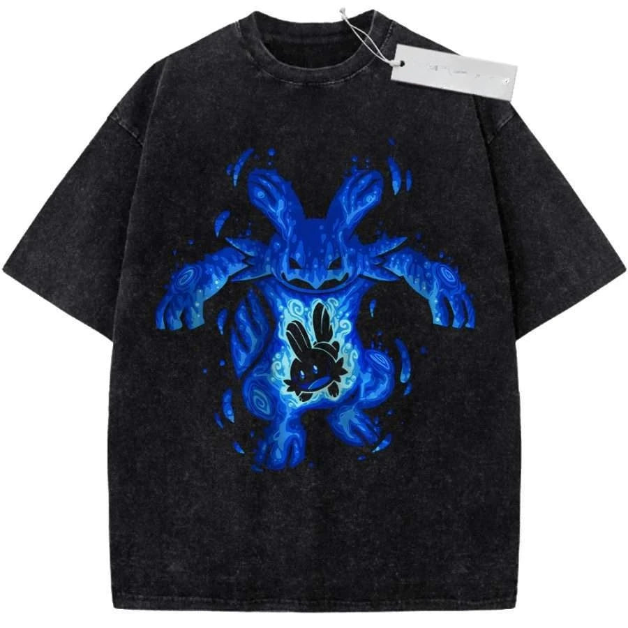 Oversize Vintage Washed Pokemon T Shirt Cute Mimikyu Cartoon with Small Ghost Companion Graffiti Print Streetwear Casual Wear