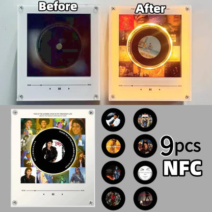 Creative Vinyl Music Player Fridge Magnet Decor,with 9Pcs NFC Rotating Disc Cards ,NFC Sensing Vinyl Song Player Night Light