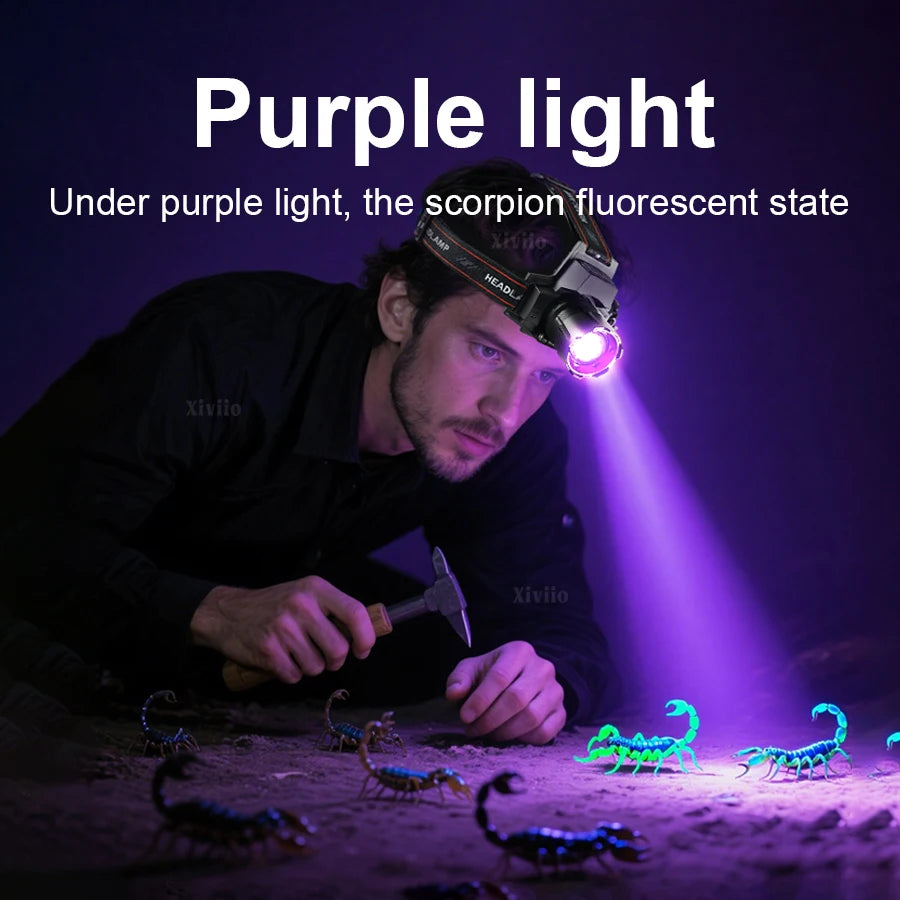 Most Powerful Led Headlamp 18650 Rechargeable Headlight Strong Light Head Torch UV Headlight Camping Hunting Headlamp