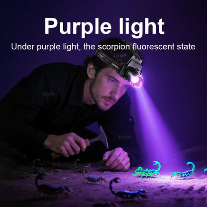 Most Powerful Led Headlamp 18650 Rechargeable Headlight Strong Light Head Torch UV Headlight Camping Hunting Headlamp