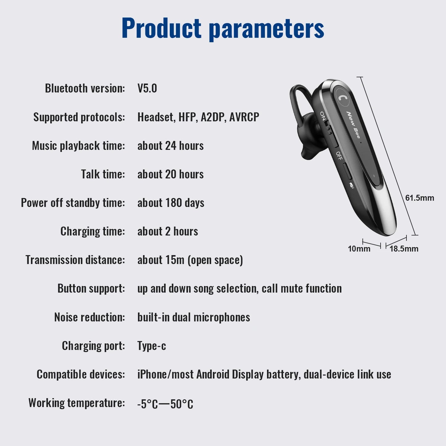New Bee B45 Bluetooth 5.0 Headset Wireless Earphone Headphones with Dual Mic Earbuds Earpiece CVC8.0 Noise Reduction for Driving