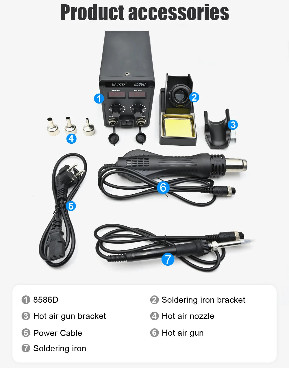 JCD 750W 8586D Soldering Station 2 IN 1 Hot Air Gun LCD Dual Digital Display Electric Soldering Iron SMD Welding Rework Station