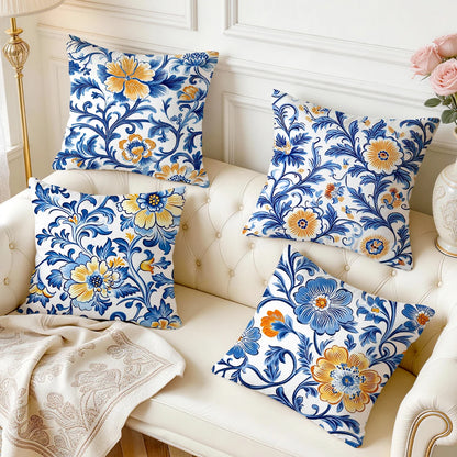 1pcs/4pcs Blue Flower Cushions Pillowcase Polyester Cushion Cover Throw Pillow Pillowcover Home Car Sofa Decor
