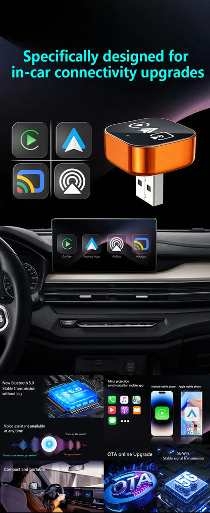 CarRocket 4in1   Carplay Adapter Wired To Wireless Android Auto Mirror Link Smart MiNi Ai Box USB Plug and Play Bluetooth WiFi