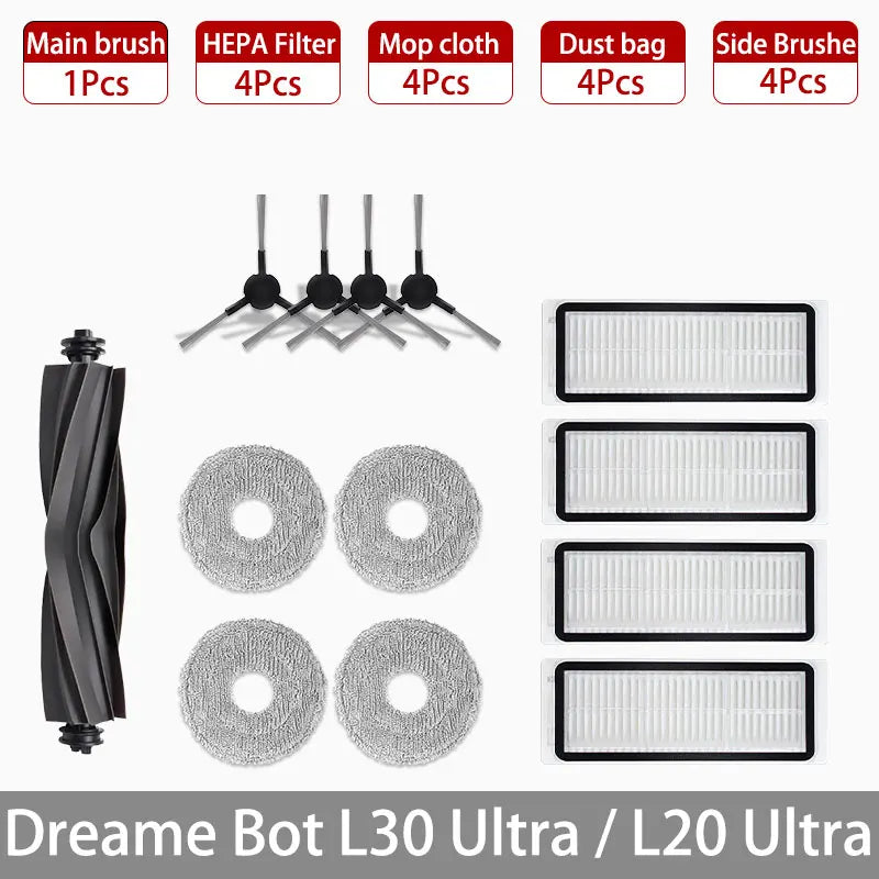 Dreame Bot L30 Ultra L20 Ultra Robot Vacuum Spare Parts Consumables Main Side Brush Hepa Filter Mop Cloth Dust Bag Accessories