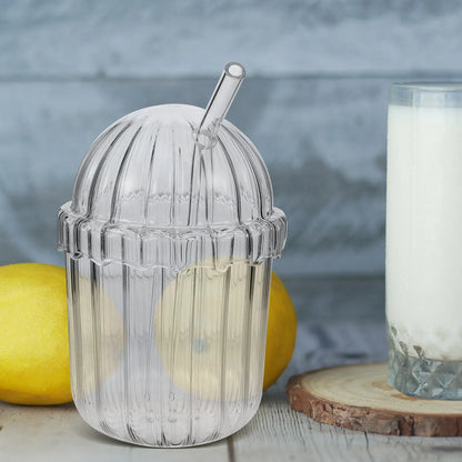 Glass Straw Cup High Borosilicate Clear Large Capacity Vertical Stripe Design Reusable Juice Milk Beverage Drinking Glass