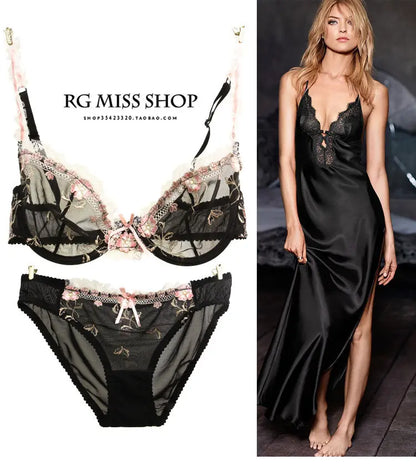 Ultra-thin steel band bra, fashionable plus-size lace lingerie set, transparent comfy bra set, soft material, S-XL all-day wear