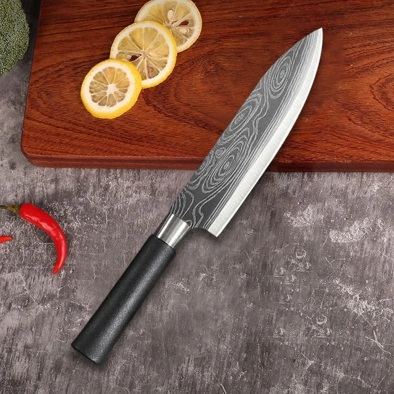 Laser Damascus Pattern Utility Kitchen Knives Set, Stainless Steel Sharp Slicing Chef Knife, Scissors & Sharpening Rod Cooking T