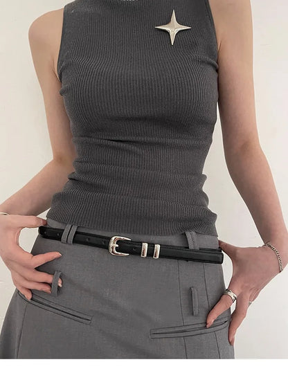 Woman's Fashionable Belts Black Simple Thin PU Belts Trousers Skirt Versatile Belts Student's Casual Belt