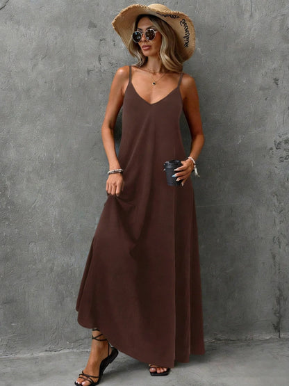 2026 casual and elegant women's clothing - loose solid color backless camisole V-neck sleeveless dress long skirt