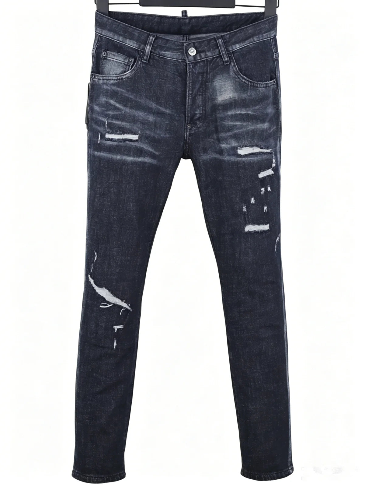 6057 Four Seasons New Men's Wear Washed Ripped Patch Paint Slim-fit Feet Blue Jeans for Men