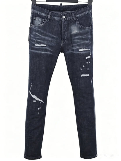 6057 Four Seasons New Men's Wear Washed Ripped Patch Paint Slim-fit Feet Blue Jeans for Men