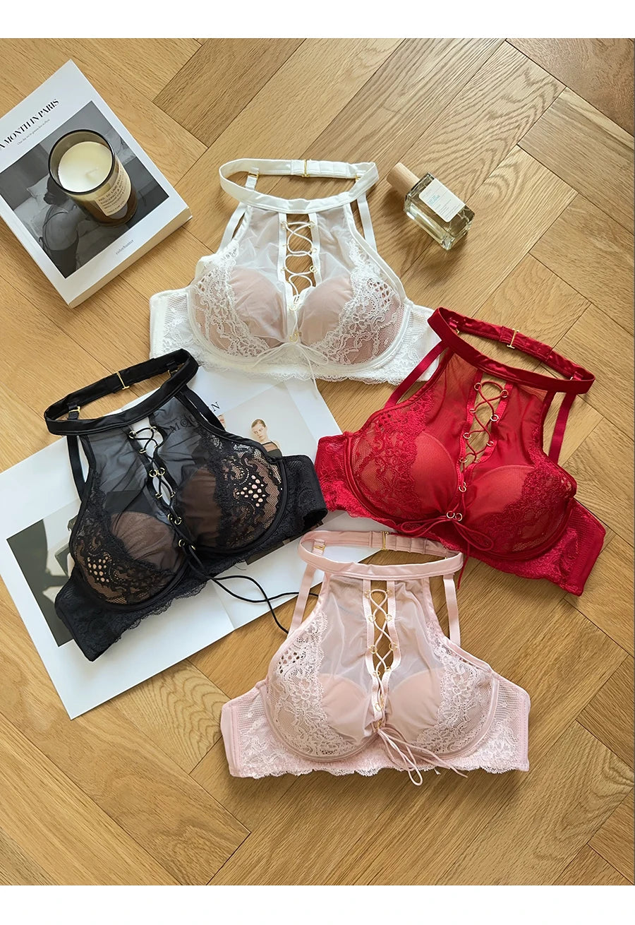 Luxury French Lace Halter Bra Small Chest Push-Up Sheer Bralette Seductive Allure Black Lingerie Set Wire-Free Comfort MOYISU AB