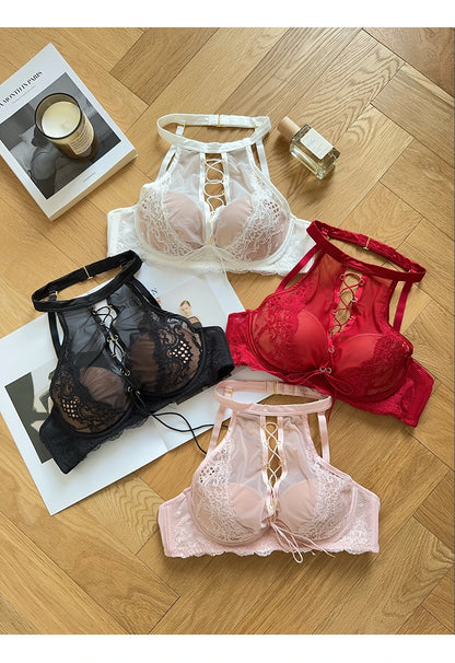 Luxury French Lace Halter Bra Small Chest Push-Up Sheer Bralette Seductive Allure Black Lingerie Set Wire-Free Comfort MOYISU AB