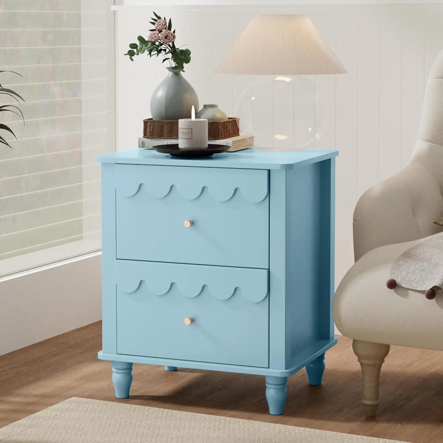 AZ Blue Kids Nightstand,Kids Bedside Table,Night Side Table,2 Drawers Night Stand,Scalloped End Tables Bedroom,Cute Nightstand