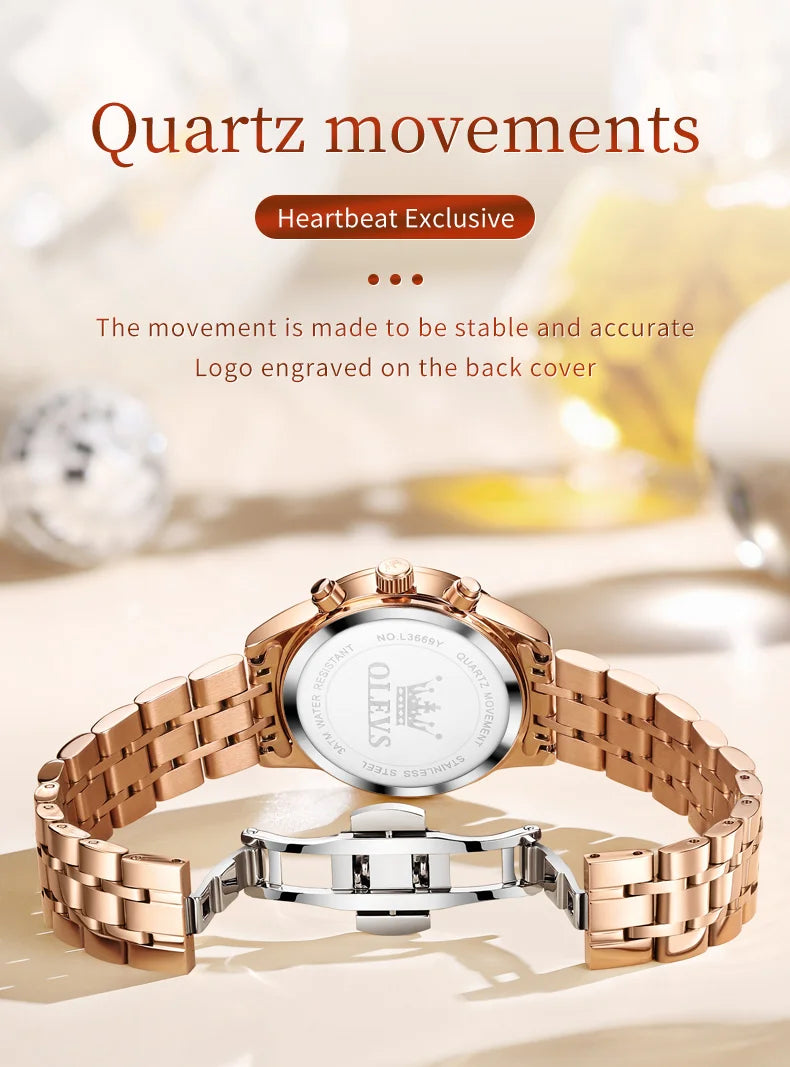 OLEVS 3669 Original Chronograph Quartz Wristwatch for Lady Calendar Waterproof Steel Strap Elegant Dress Women's Watches