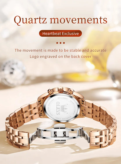 OLEVS 3669 Original Chronograph Quartz Wristwatch for Lady Calendar Waterproof Steel Strap Elegant Dress Women's Watches