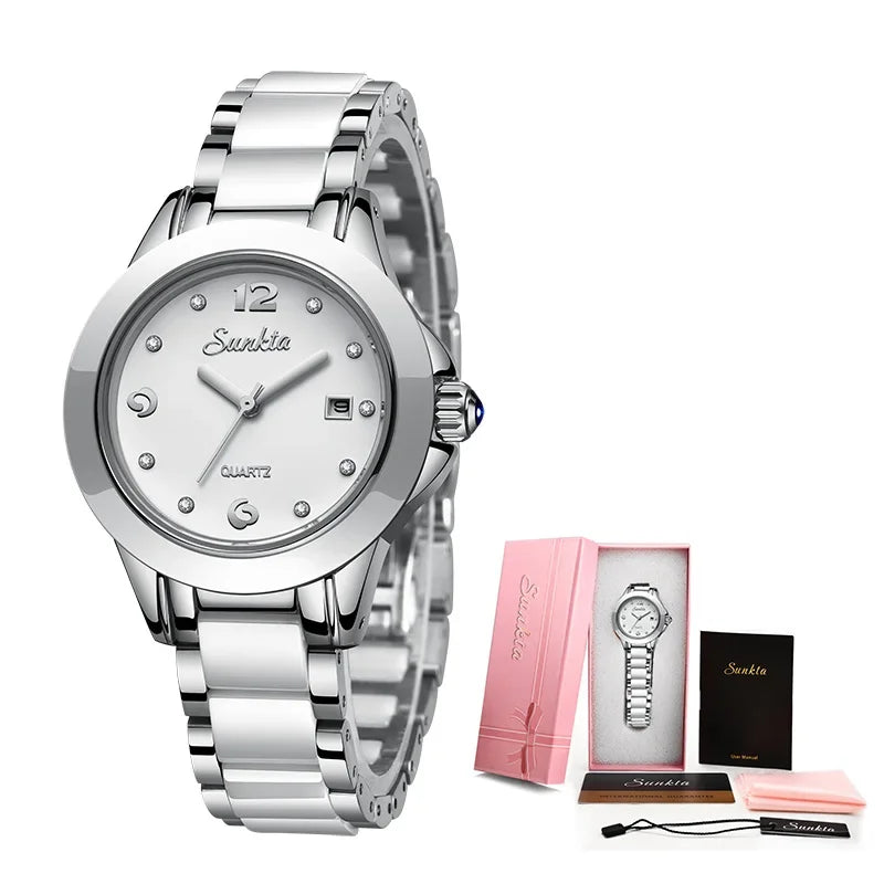 LIGE Brand SUNKTA Fashion Casual Woman Watch Ceramic Simple Bracelet Quartz Ladies Watches Date Waterproof Women's Wristwatches