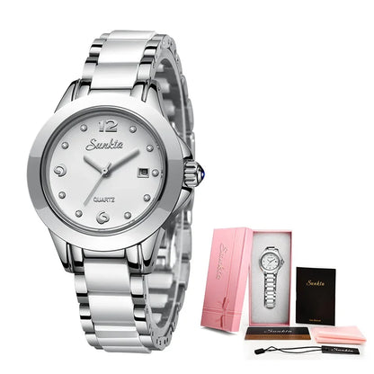 LIGE Brand SUNKTA Fashion Casual Woman Watch Ceramic Simple Bracelet Quartz Ladies Watches Date Waterproof Women's Wristwatches